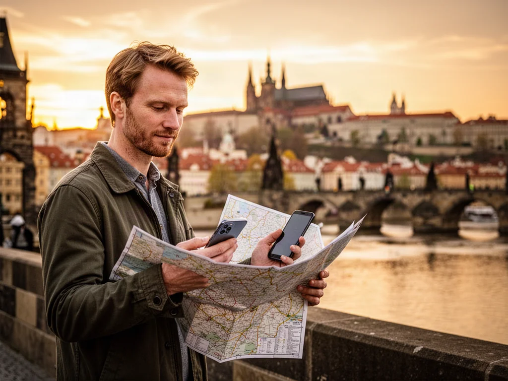 Turysta z mapą i smartfonem na Moście Karola w Pradze podczas zachodu słońca, z widokiem na Zamek na Hradczanach.