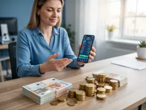 Mężczyzna w domowym biurze analizuje dokumenty finansowe i laptopa, planując swoją przyszłość emerytalną.
