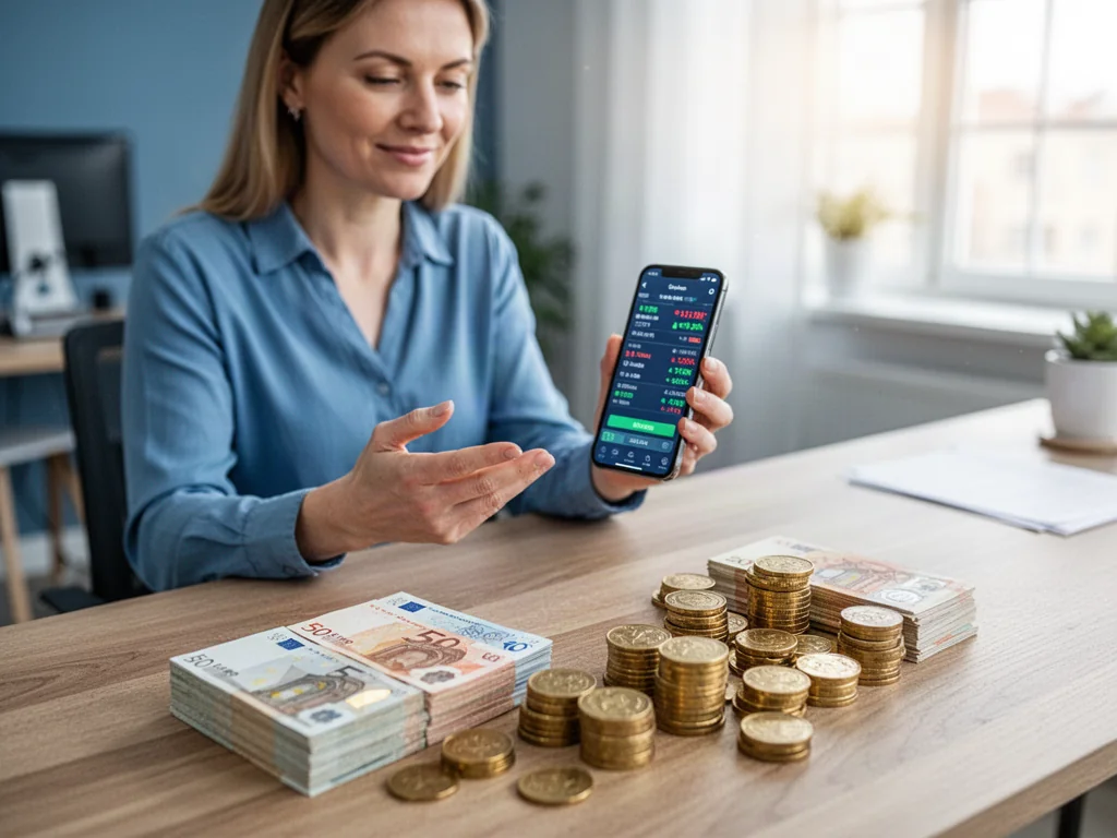 Kobieta przy biurku sprawdza kurs walut w aplikacji na smartfonie, obok leżą banknoty euro i monety złotówki.