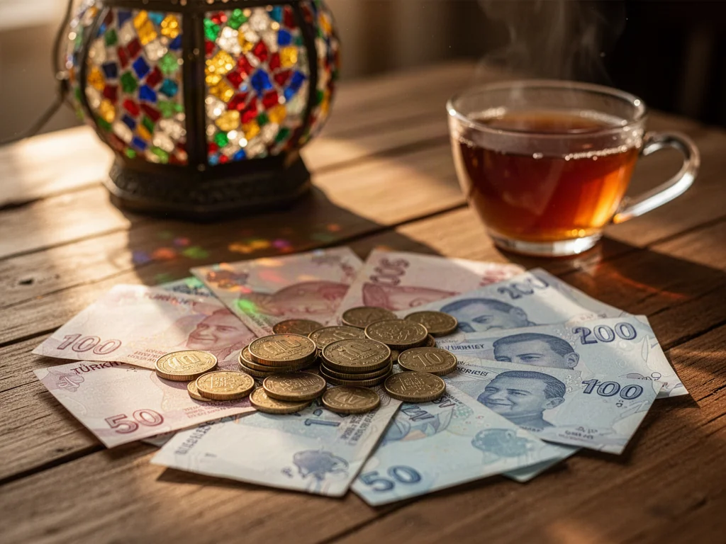 Tureckie banknoty i monety leżące na drewnianym stole w otoczeniu tradycyjnej lampy i herbaty.