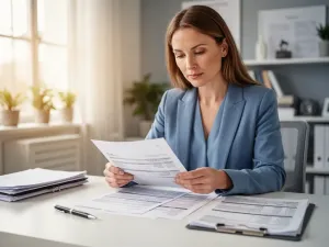 Mężczyzna z dokumentami finansowymi i tabletem na tle nowoczesnego domu z pompą ciepła i panelami fotowoltaicznymi.